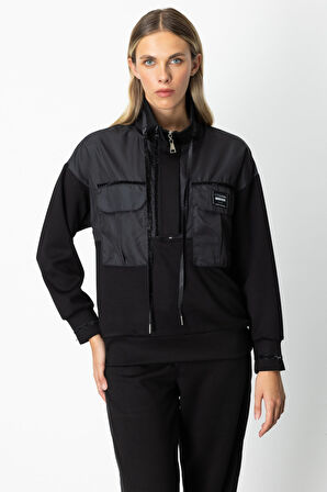 On Kadın Yakası Fermuarlı Mix Kumaş Eşofman Üstü 66324 Siyah