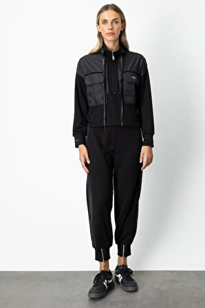 On Kadın Paçası Fermuarlı Mix Kumaş Eşofman Altı 66325 Siyah