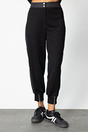 On Kadın Paçası Fermuarlı Mix Kumaş Eşofman Altı 66325 Siyah