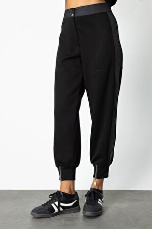 On Kadın Paçası Fermuarlı Mix Kumaş Eşofman Altı 66325 Siyah