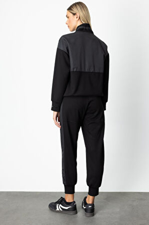 On Kadın Paçası Fermuarlı Mix Kumaş Eşofman Altı 66325 Siyah