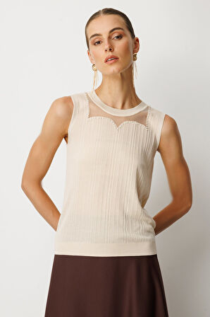 On Kadın Yakası Boncuklu Triko Bluz 60361 Krem