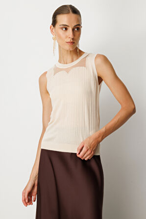 On Kadın Yakası Boncuklu Triko Bluz 60361 Krem