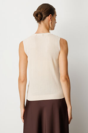 On Kadın Yakası Boncuklu Triko Bluz 60361 Krem