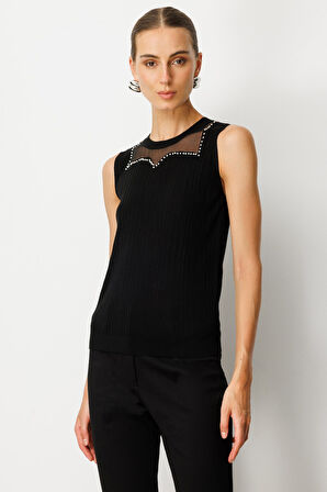 On Kadın Yakası Boncuklu Triko Bluz 60361 Siyah