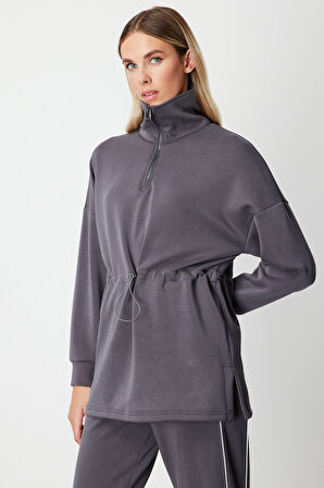 On Kadın Yakası Fermuarlı Sweat 66312 Antrasit