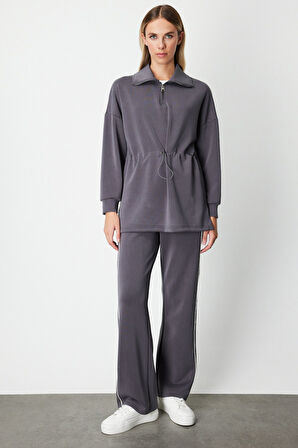 On Kadın Yakası Fermuarlı Sweat 66312 Antrasit