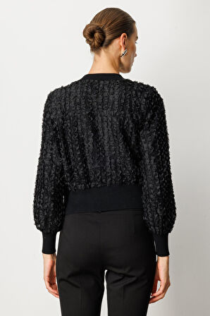 On Kadın Kabartmalı Bomber Mont 60709 Siyah