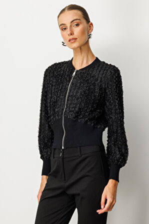 On Kadın Kabartmalı Bomber Mont 60709 Siyah