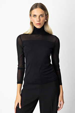 On Kadın Balıkçı Yaka Yarı Transparan Bluz 60382 Siyah