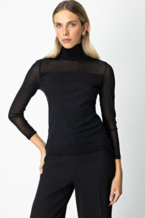 On Kadın Balıkçı Yaka Yarı Transparan Bluz 60382 Siyah