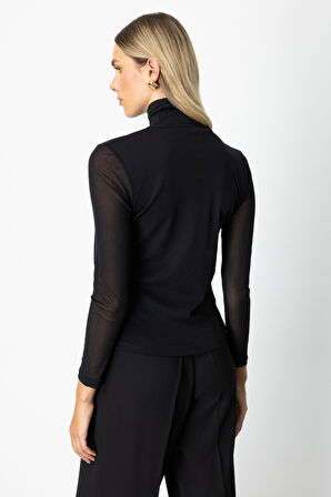 On Kadın Balıkçı Yaka Yarı Transparan Bluz 60382 Siyah