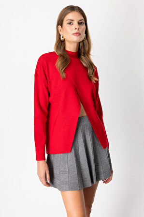 On Kadın Dik Yaka Asimetrik Kesim Triko Kazak 65343 Kırmızı