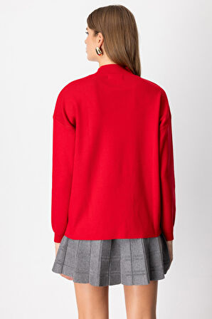 On Kadın Dik Yaka Asimetrik Kesim Triko Kazak 65343 Kırmızı
