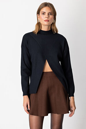 On Kadın Dik Yaka Asimetrik Kesim Triko Kazak 65343 Siyah