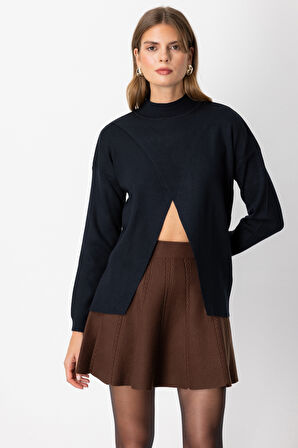 On Kadın Dik Yaka Asimetrik Kesim Triko Kazak 65343 Siyah