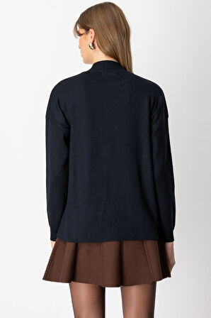 On Kadın Dik Yaka Asimetrik Kesim Triko Kazak 65343 Siyah