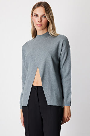 On Kadın Dik Yaka Asimetrik Kesim Triko Kazak 65343 Gri