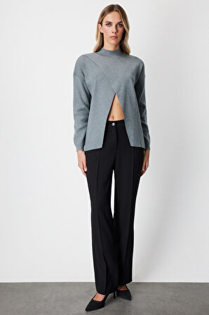 On Kadın Dik Yaka Asimetrik Kesim Triko Kazak 65343 Gri