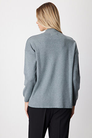 On Kadın Dik Yaka Asimetrik Kesim Triko Kazak 65343 Gri