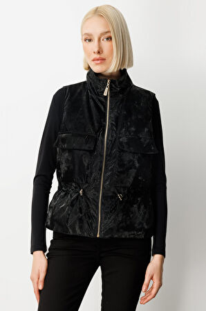 On Kadın Dik Yaka Beli Lastikli Yelek 60998 Siyah