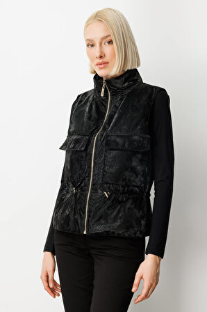 On Kadın Dik Yaka Beli Lastikli Yelek 60998 Siyah