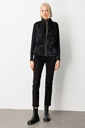 On Kadın Dik Yaka Beli Lastikli Yelek 60998 Siyah