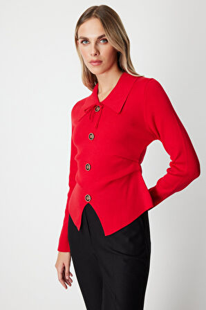 On Kadın Süs Düğmeli Büzgü Detaylı Triko Kazak 65353 Kırmızı