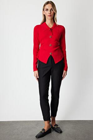 On Kadın Süs Düğmeli Büzgü Detaylı Triko Kazak 65353 Kırmızı