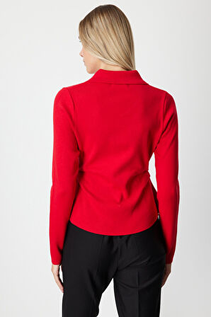 On Kadın Süs Düğmeli Büzgü Detaylı Triko Kazak 65353 Kırmızı