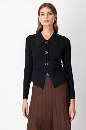 On Kadın Süs Düğmeli Büzgü Detaylı Triko Kazak 65353 Siyah