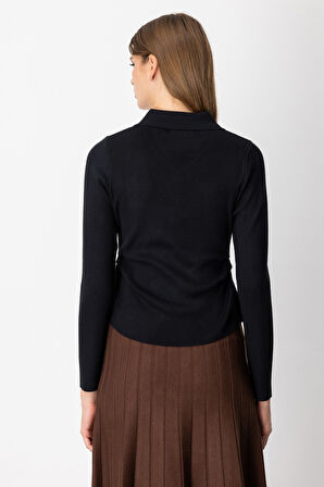 On Kadın Süs Düğmeli Büzgü Detaylı Triko Kazak 65353 Siyah