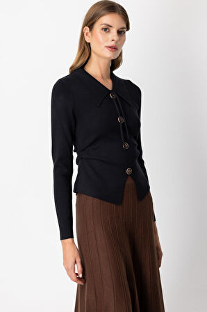 On Kadın Süs Düğmeli Büzgü Detaylı Triko Kazak 65353 Siyah