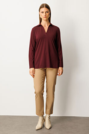 On Kadın Büyük Beden Polo Yaka Basic Bluz 61332 Bordo