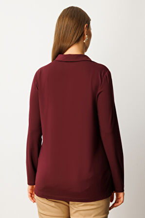 On Kadın Büyük Beden Polo Yaka Basic Bluz 61332 Bordo