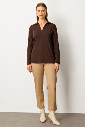 On Kadın Büyük Beden Polo Yaka Basic Bluz 61332 Kahverengi