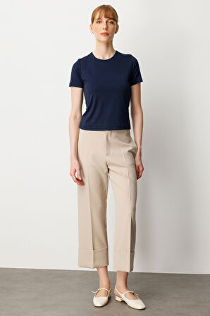 On Kadın Sıfır Yaka Kısa Kol Basic Bluz 61334 Lacivert