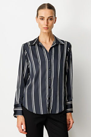 On Kadın Çizgili Saten Gömlek 64300 Siyah-Ekru