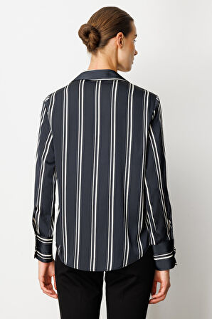On Kadın Çizgili Saten Gömlek 64300 Siyah-Ekru
