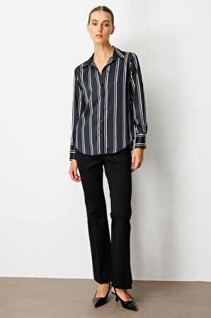 On Kadın Çizgili Saten Gömlek 64300 Siyah-Ekru
