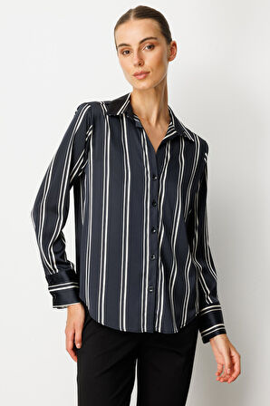 On Kadın Çizgili Saten Gömlek 64300 Siyah-Ekru