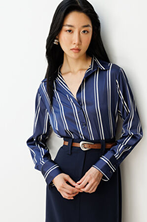 On Kadın Çizgili Saten Gömlek 64300 Laci-Ekru