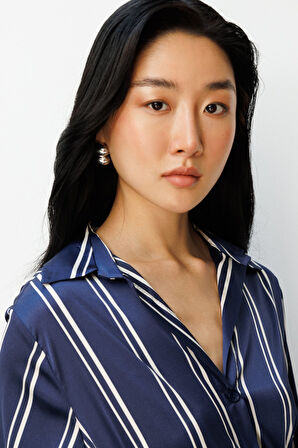 On Kadın Çizgili Saten Gömlek 64300 Laci-Ekru