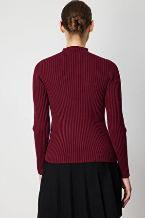 On Kadın Süs Düğmeli Fitilli Triko Kazak 69312 Bordo