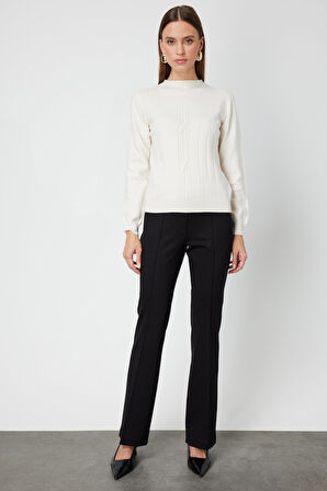 On Kadın Örgülü Sıfır Yaka Triko Kazak 69313 Ekru