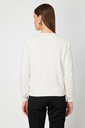 On Kadın Örgülü Sıfır Yaka Triko Kazak 69313 Ekru