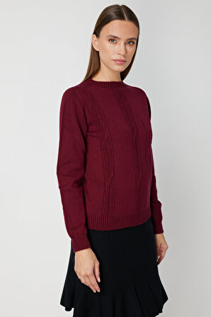 On Kadın Örgülü Sıfır Yaka Triko Kazak 69313 Bordo