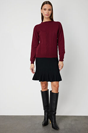 On Kadın Örgülü Sıfır Yaka Triko Kazak 69313 Bordo