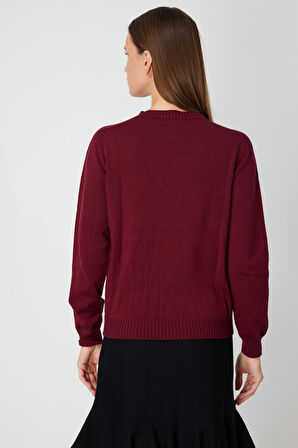 On Kadın Örgülü Sıfır Yaka Triko Kazak 69313 Bordo