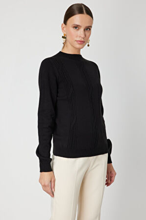 On Kadın Örgülü Sıfır Yaka Triko Kazak 69313 Siyah